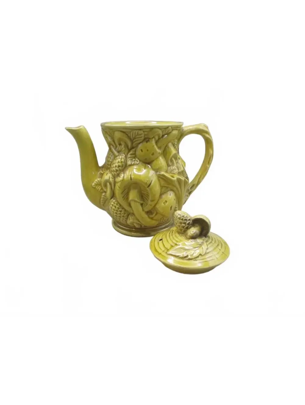 Vintage 1970s Japanese Majolica Mushroom Teapot Yellow Pinecone Relief
